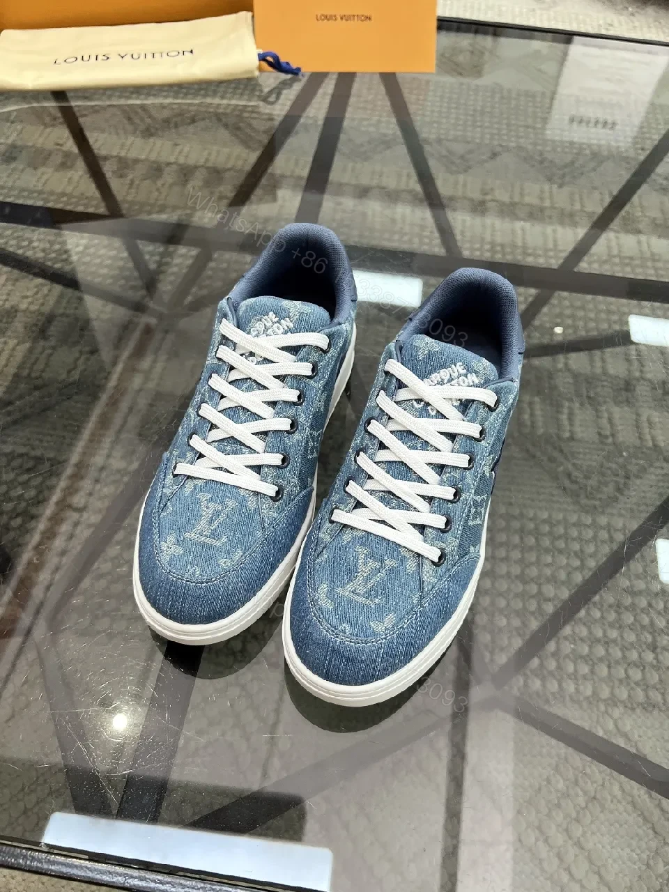 View 4 of Denim-Textured Luxury Sneakers with Monogram Embroidery