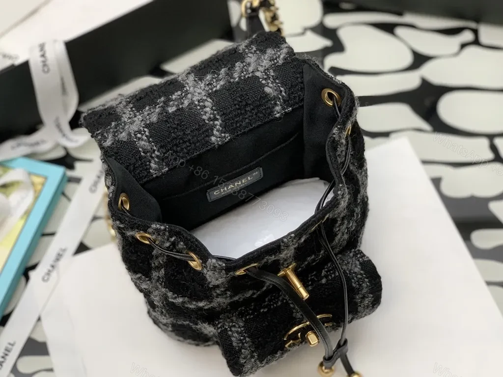 View 4 of Chanel-Inspired Plaid Knit Backpack with Gold Chain