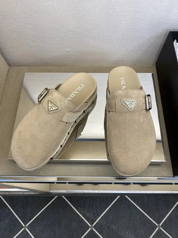 Beige Suede Leather Prada Logo Mule Slippers — view 1