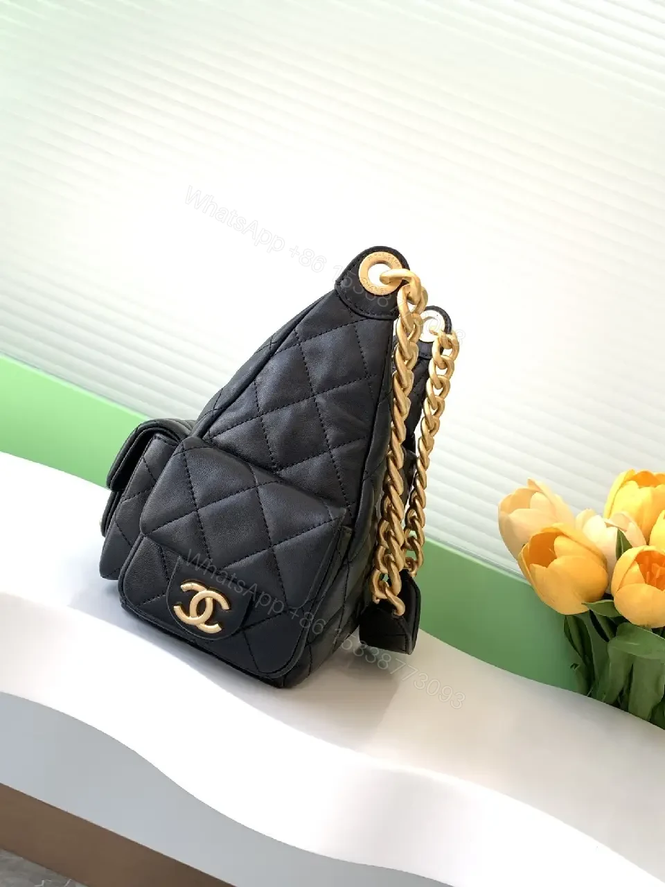 View 4 of Quilted Leather Shoulder Bag with Gold Hardware