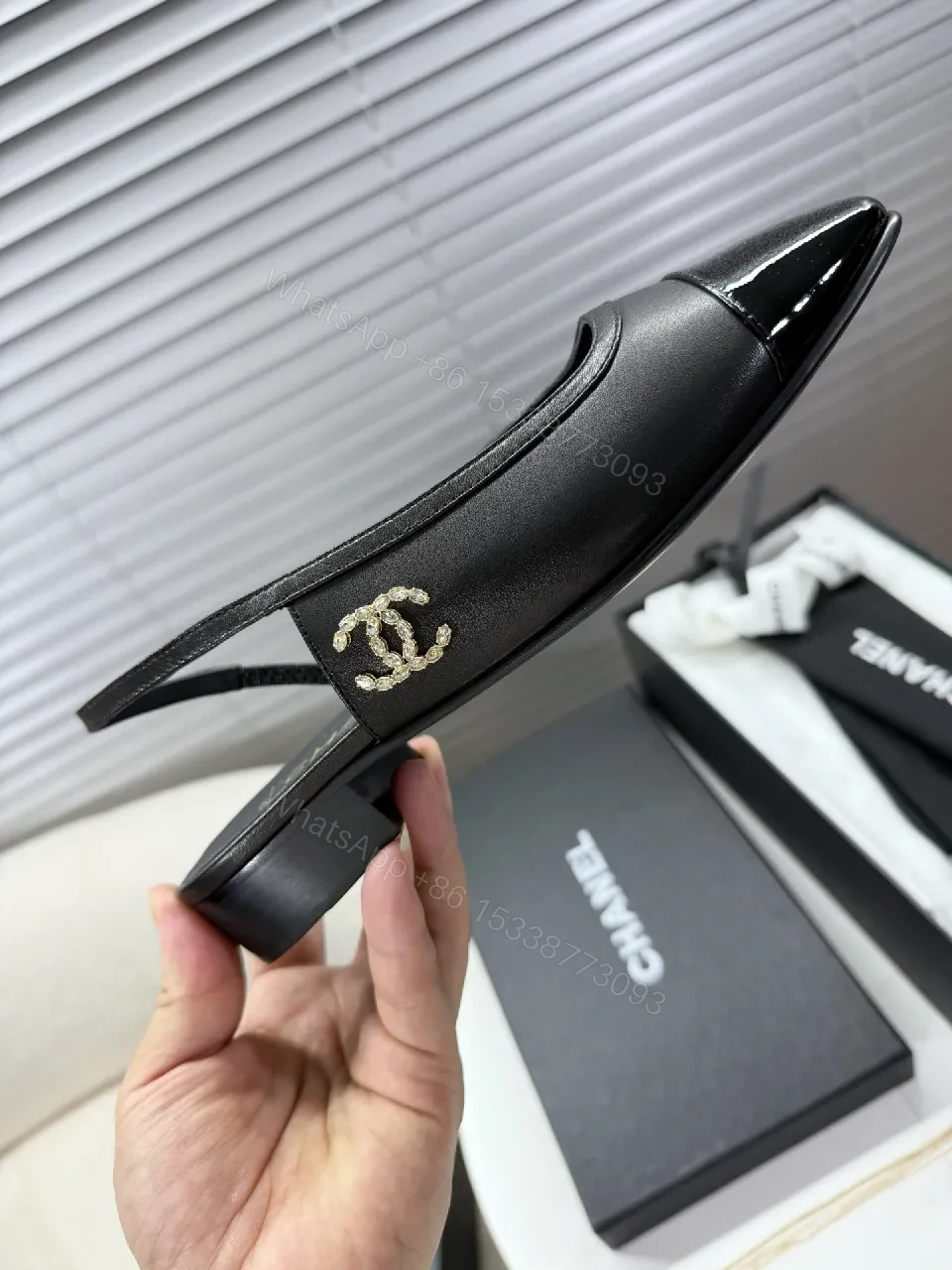 View 5 of Glossy Cap-Toe Black Slingback Mules, Luxury Style, All-Day Comfort