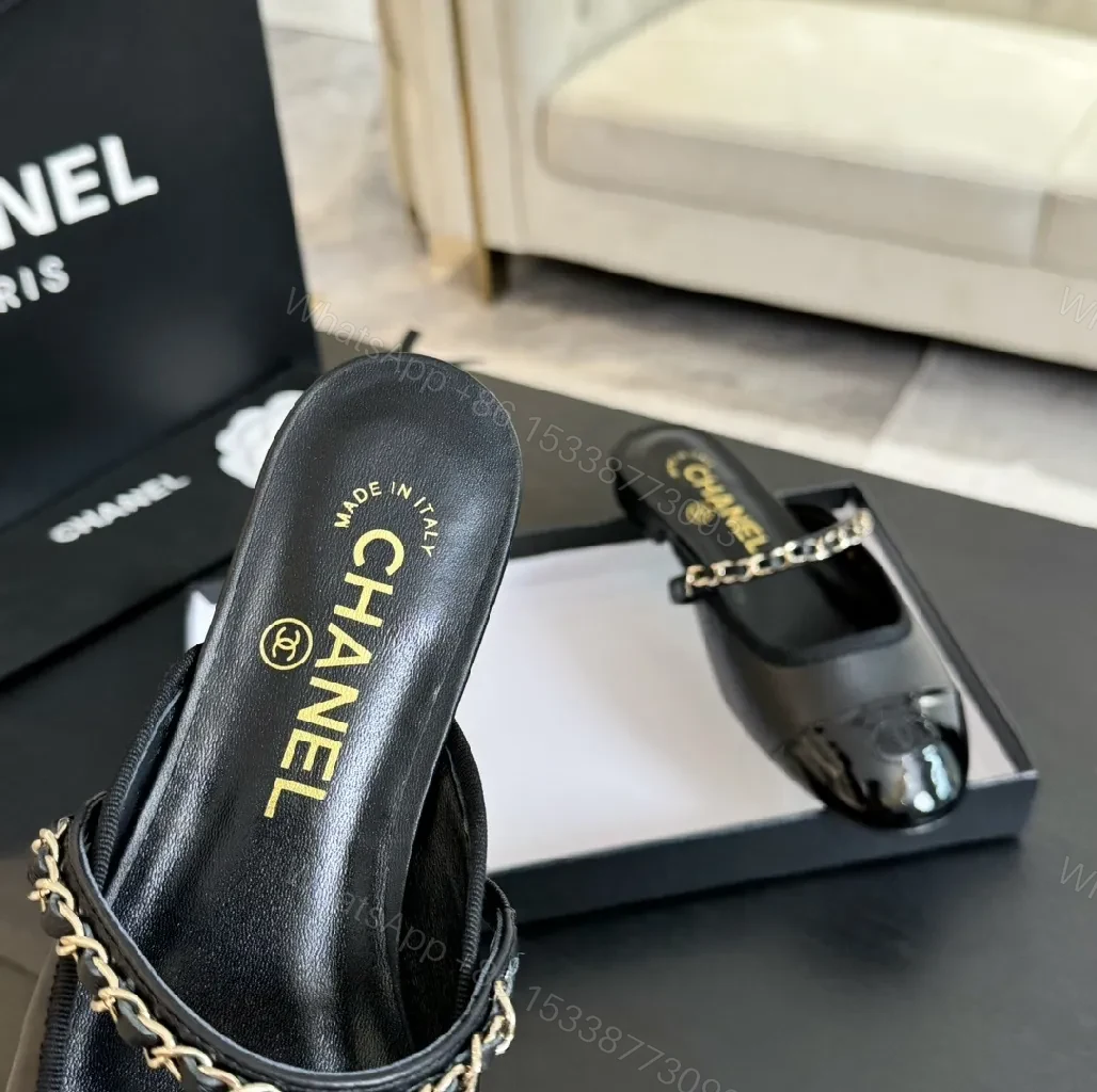 View 9 of Black Leather Slide Mules with Chain Detail - Luxe Casual Calm