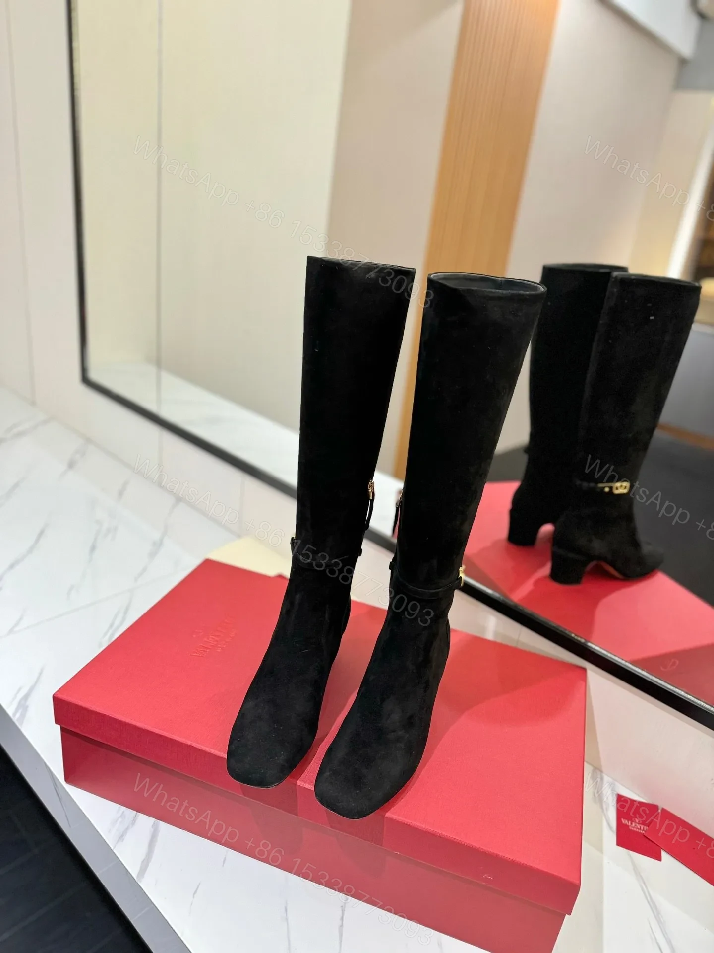 View 4 of Valentino Women Black Suede Mid Heel Boots