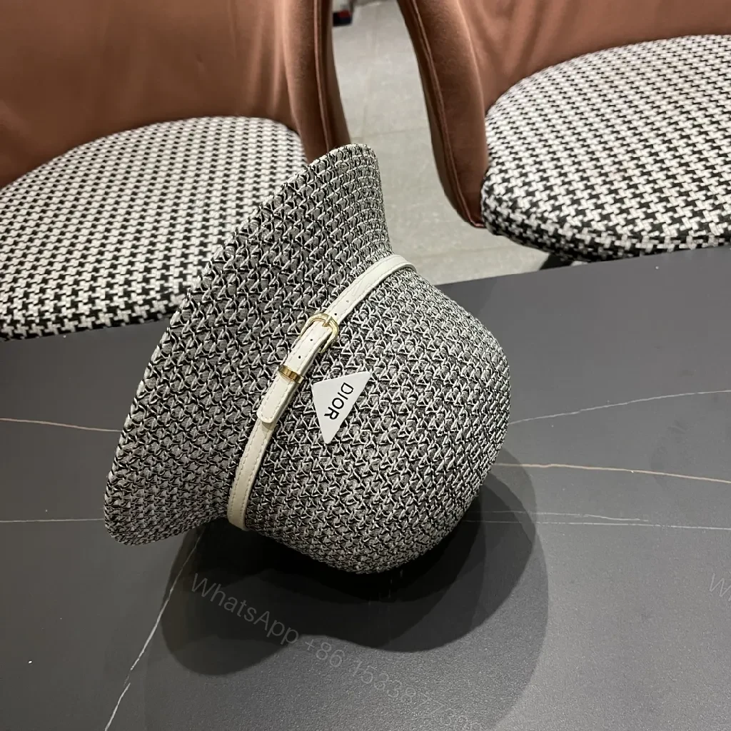 View 2 of Black Straw Hat with Dior Band, Structured Fedora Style, Signed Band