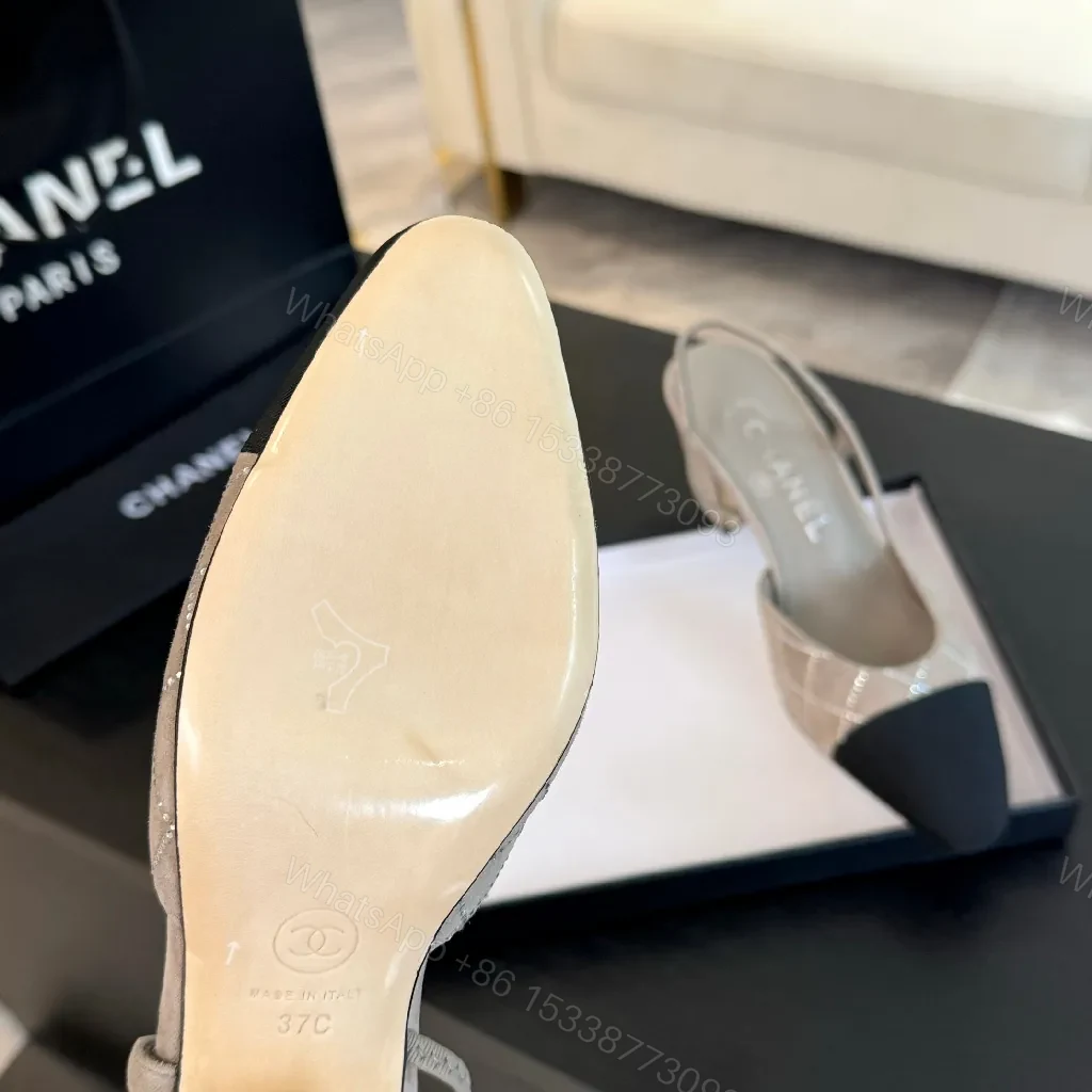 View 6 of Two-Tone Quilted Slingbacks: Neutral Beiges & Black Cap