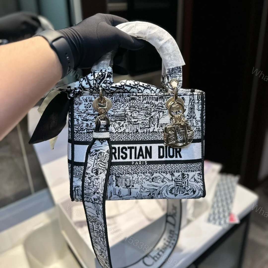 View 3 of DIOR MEDIUM LADY D LITE BAG PARIS ALLOVER EMBROIDERY WHITE AND BLACK 24CM M0565OEGI M933