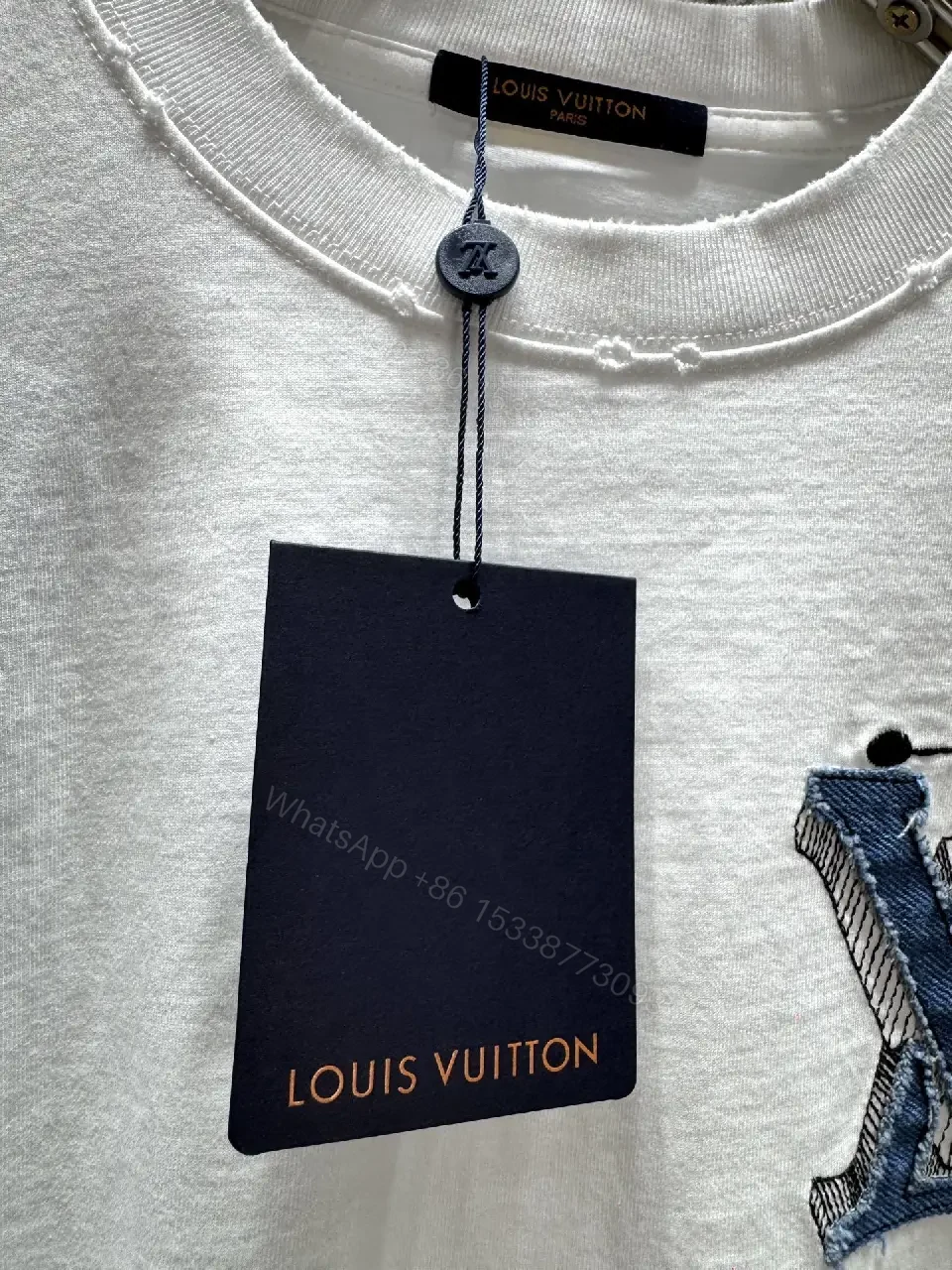 View 10 of White Distressed Tee with LV-Inspired Patch, Short Sleeve, Premium Cotton Blend