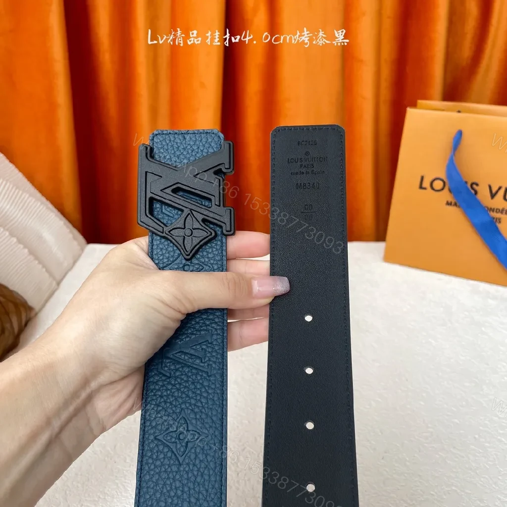 View 2 of Blue Leather Belt with Iconic Hardware—Monogram Texture, Durable Comfort