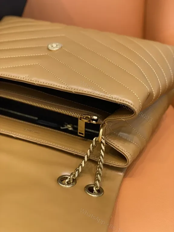 View 8 of Beige-Tan Calfskin Chevron Envelope Bag with Gold YSL Hardware