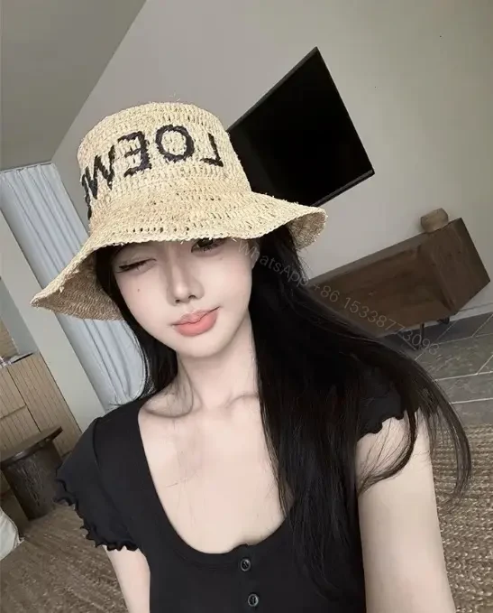 View 7 of Natural Straw Hat with LOEWE-Style Print - Lightweight, Sun-Shielding Cap