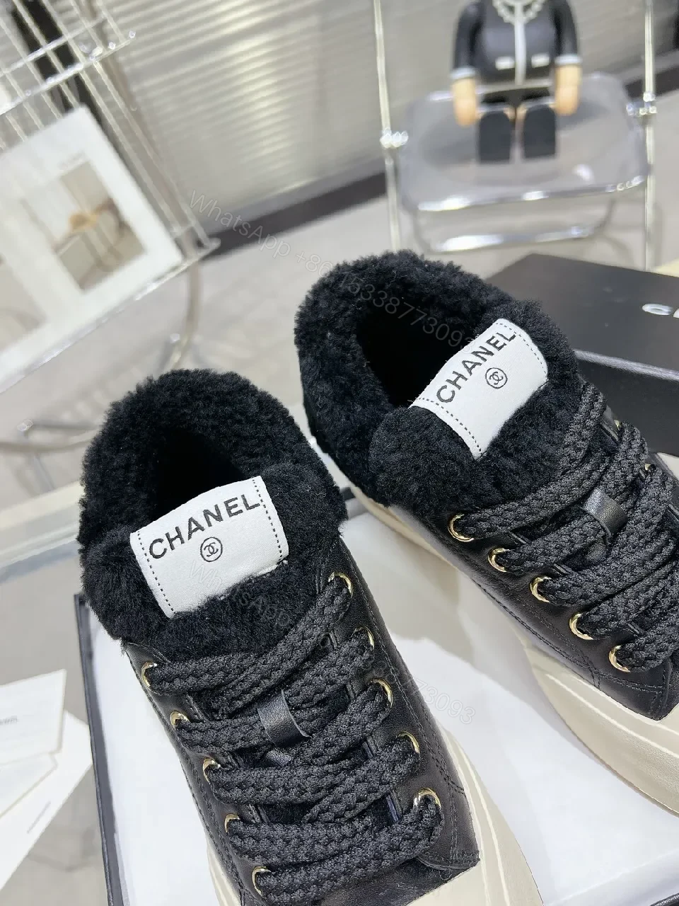 View 3 of Cream Knit-Chanel Inspired High-Tops with Plush Collar