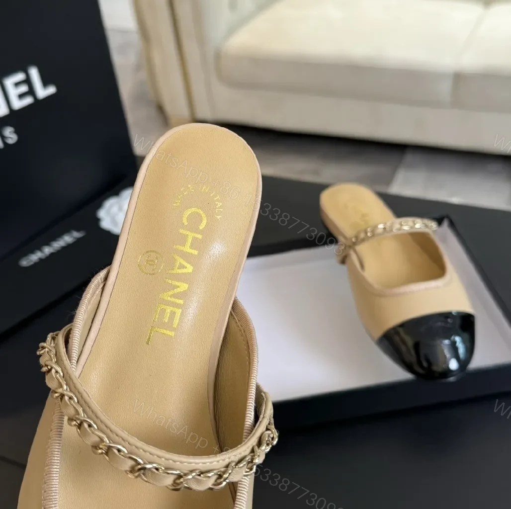View 3 of Two-Tone Leather Slide with Chain Detail, Luxury Style