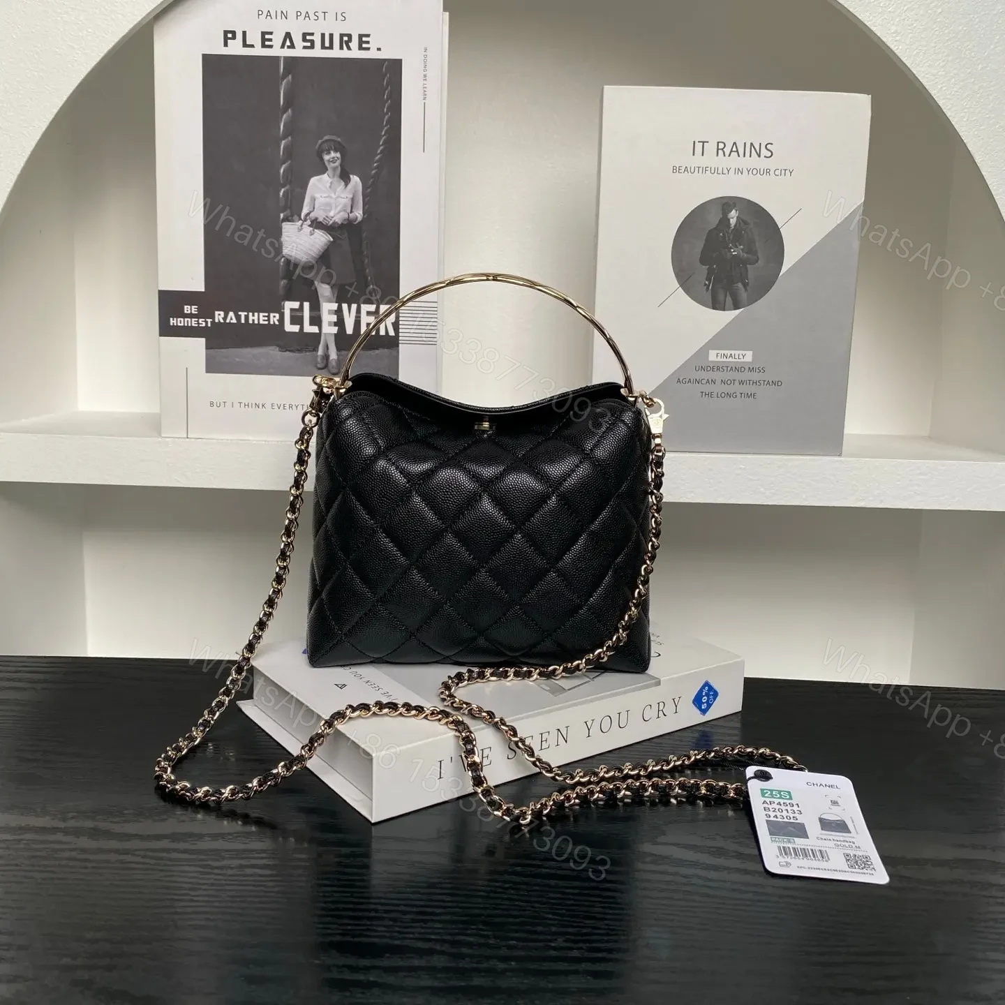 View 2 of Chanel 24A Hobo Handbag in black quilted caviar leather