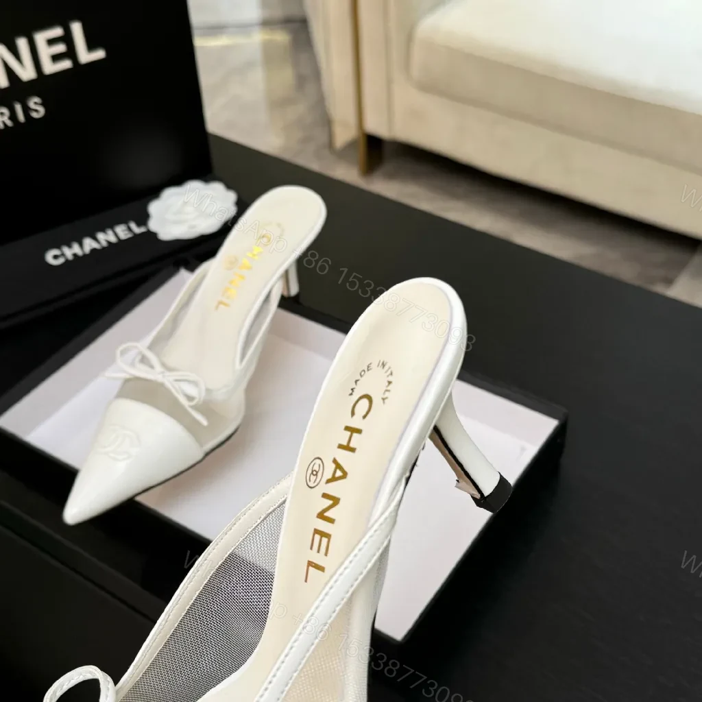 View 7 of White Leather Slingback Heels with Satin Mesh Inset, Pointed Toe, Kitten Heel