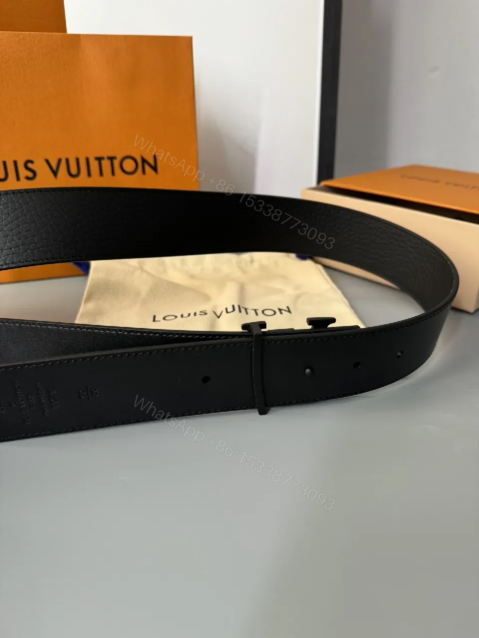 View 7 of Minimalist Black Leather Belt with Subtle LV Buckle