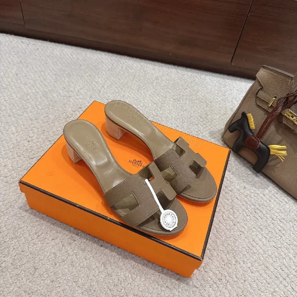 View 3 of Brown Leather Hermes-Style Heeled Sandals, Grained, Open-Toe, Signature Buckle, Sandal Type