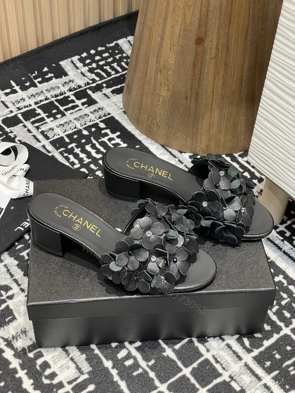 View 2 of Floral-Embellished Black Block-Heel Sandals