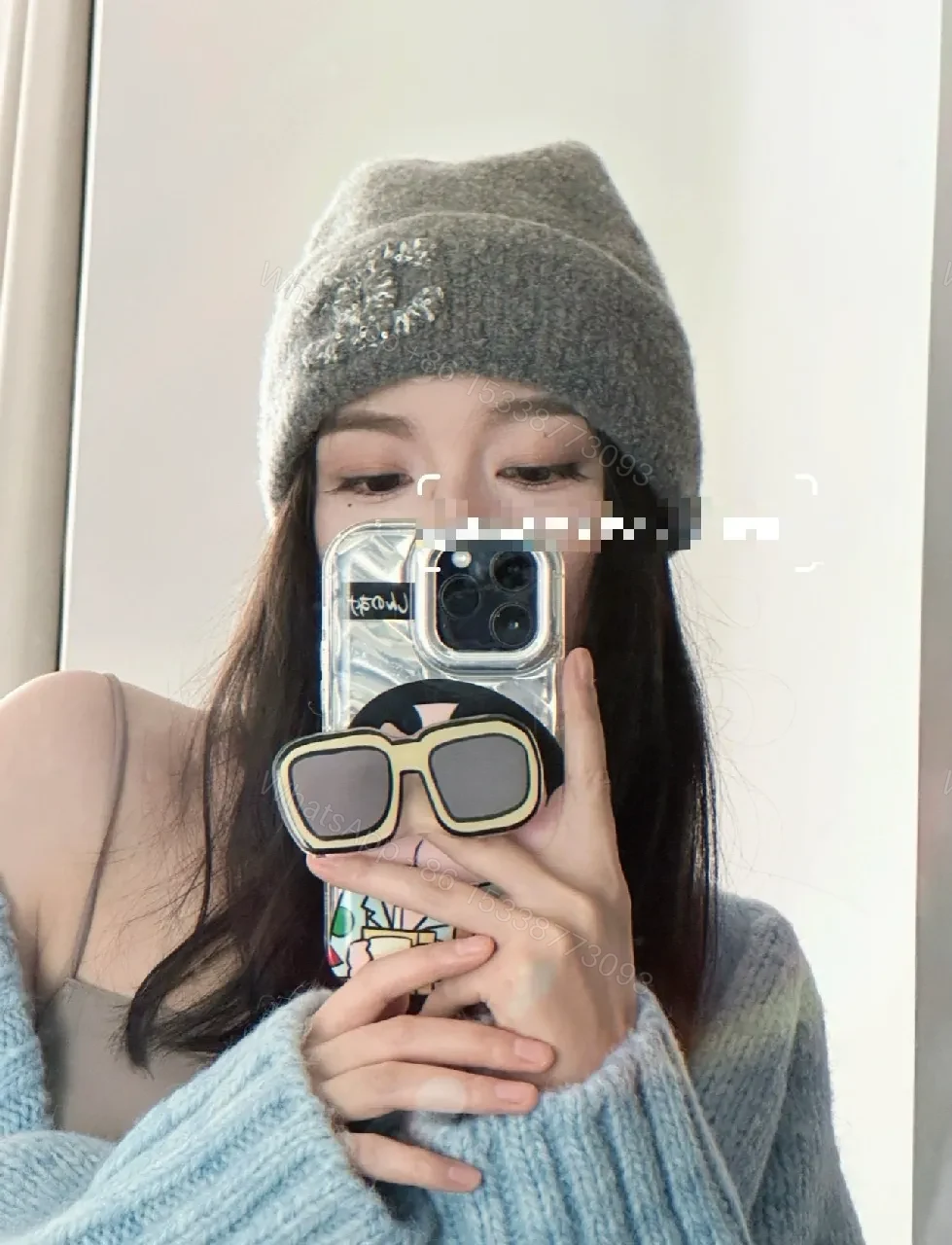 View 4 of Gray Knit Beanie, Plush Fleece, Couture-Inspired Emblem