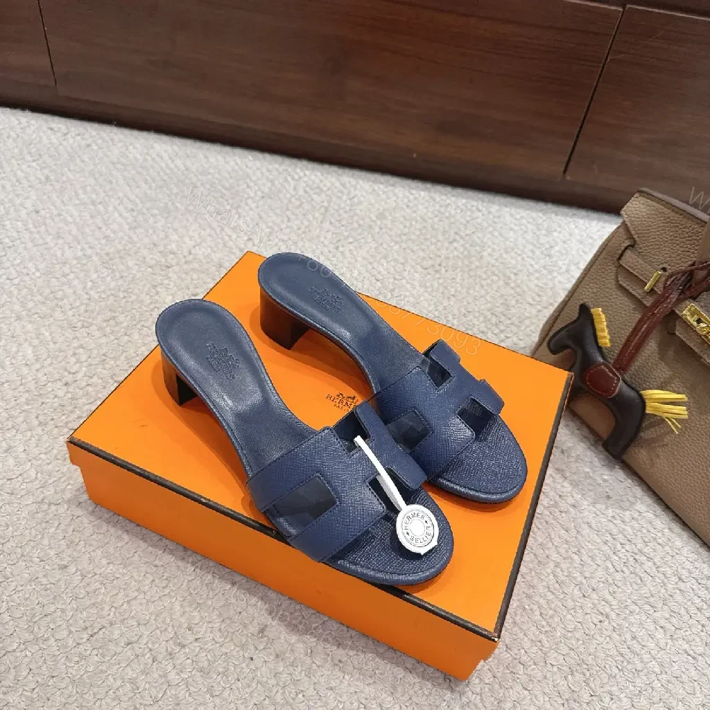 View 10 of Navy Leather Hermès-Inspired Sandals Blue Slide Sandals