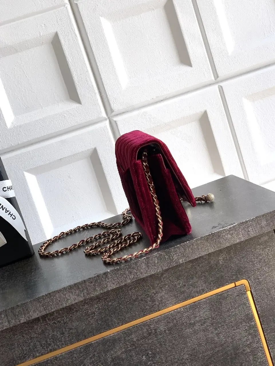 View 8 of Velvet Crossbody Bag: Burgundy, Gold Hardware, Quilted Chic
