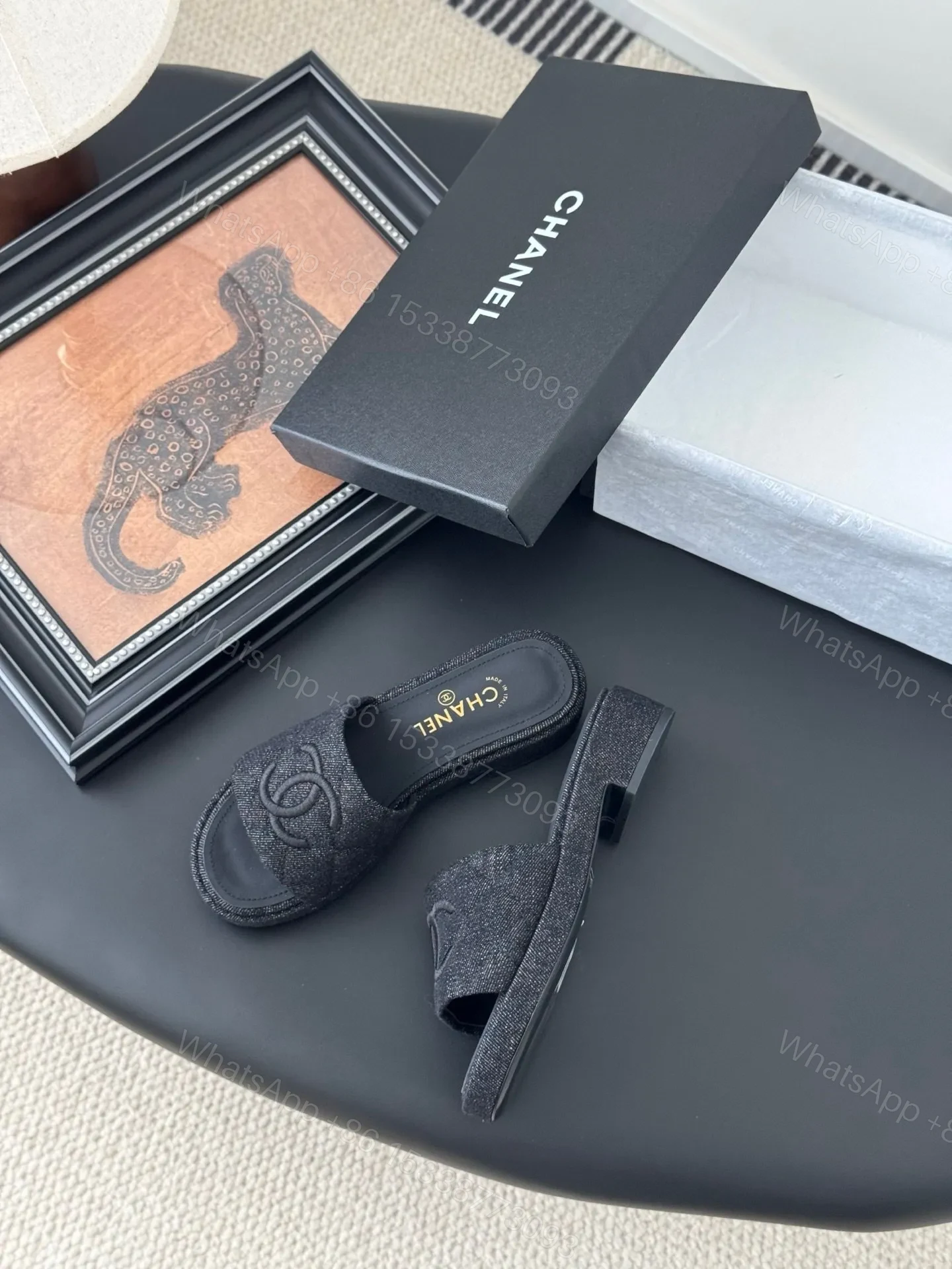 View 3 of Chanel Women Black Fabric Slide Sandals