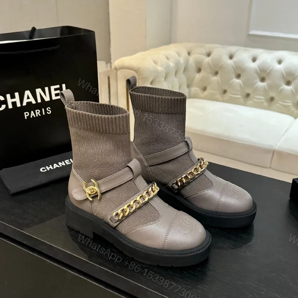 View 2 of Taupe Knit Sock-Ankle Boots with Leather Accents and Gold Chain