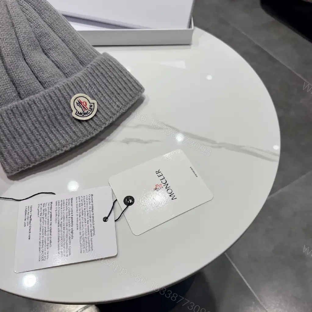 View 3 of Gray Knit Beanie, Moncler Crest, Luxury Streetwear Style, Warmth Ready