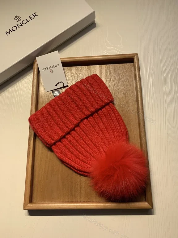 View 8 of Bold Red Knit Beanie with Plush Pom-Pom - Moncler Warmth