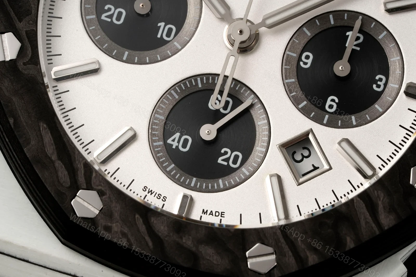 View 5 of Audemars Piguet Replica Royal Oak Chronograph 42MM Premium Carbon Bezel White Strap Edition AP-RO-CB-WHT-42