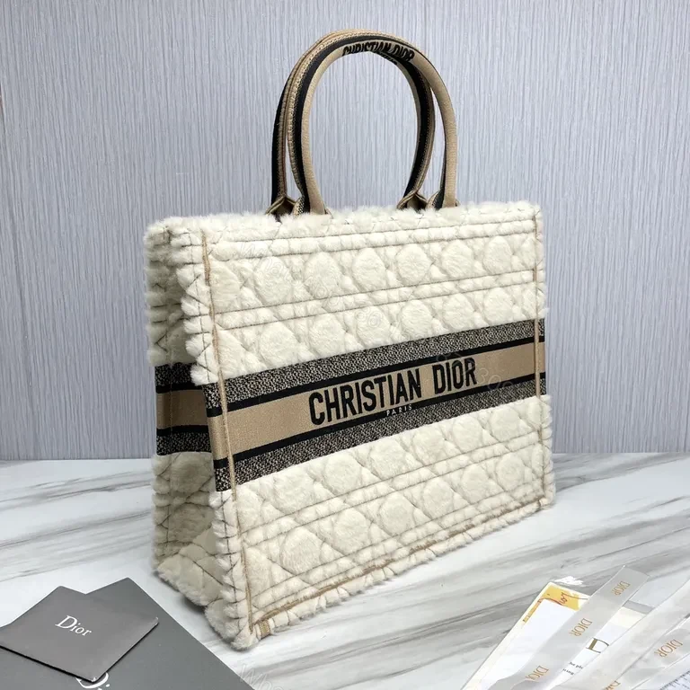 View 4 of Cream Shearling Dior Tote â€” Textured Luxury with Bold Signature Band