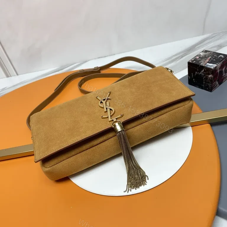View 2 of Camel Suede Crossbody Bag with Gold YSL Emblem - Tassel Detail