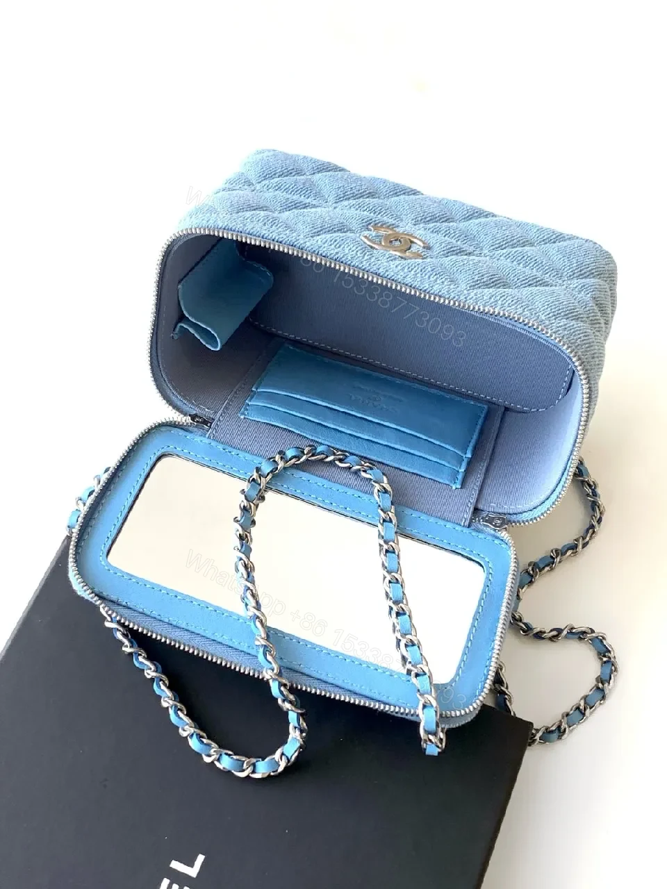 View 6 of Denim Mini Bag: Quilted Charm, Silver Hardware, Chain Strap