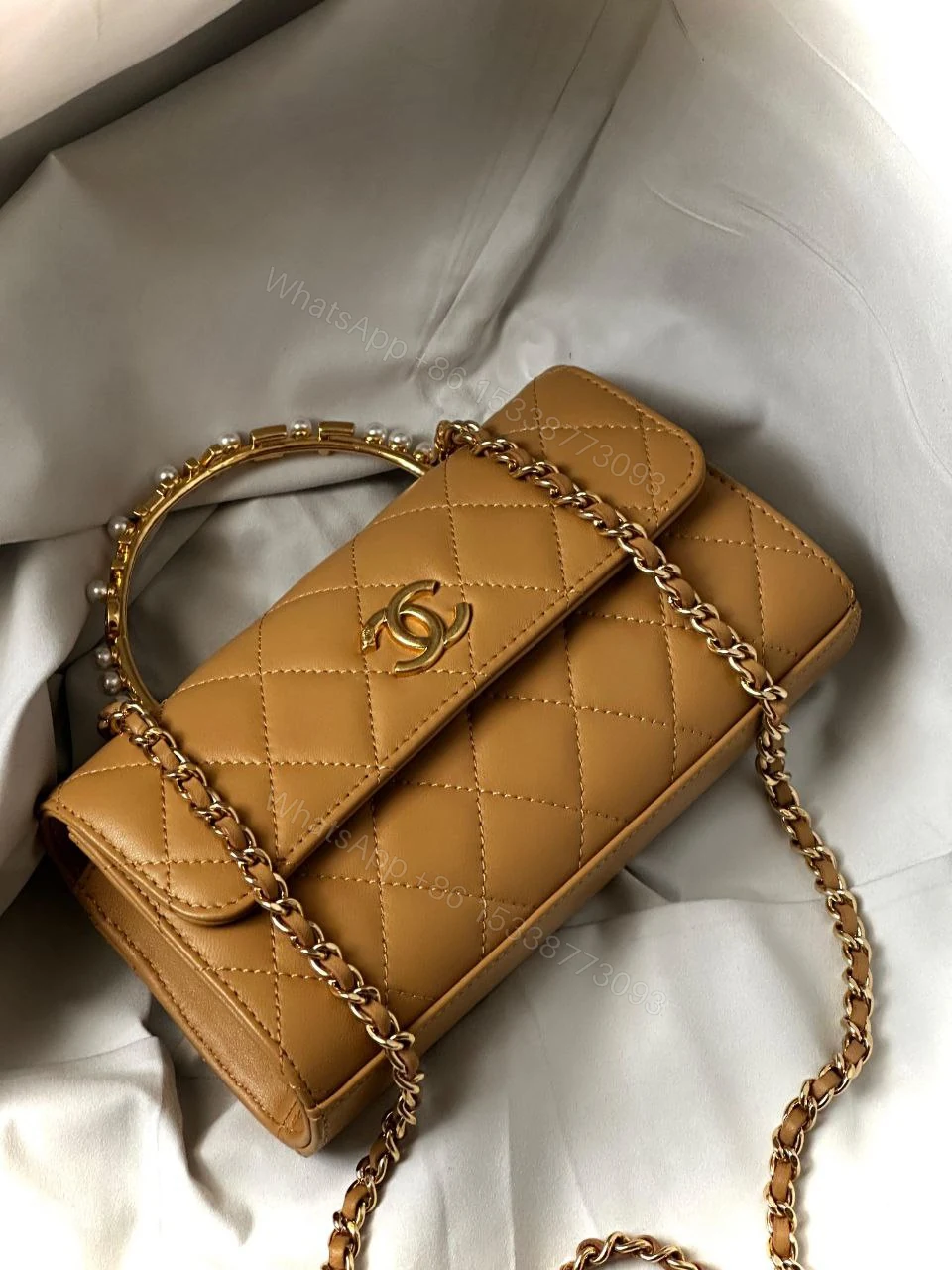View 4 of Chanel Lambskin Enamel Quilted Top Handle Flap Phone Holder With Chain