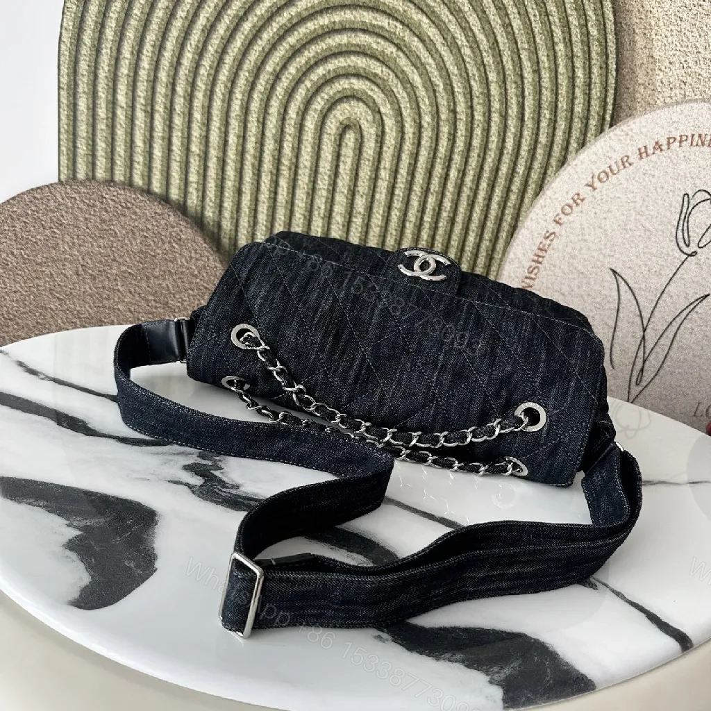 View 8 of Dark Denim Quilted Chain Bag — Modern Luxe, Compact Style