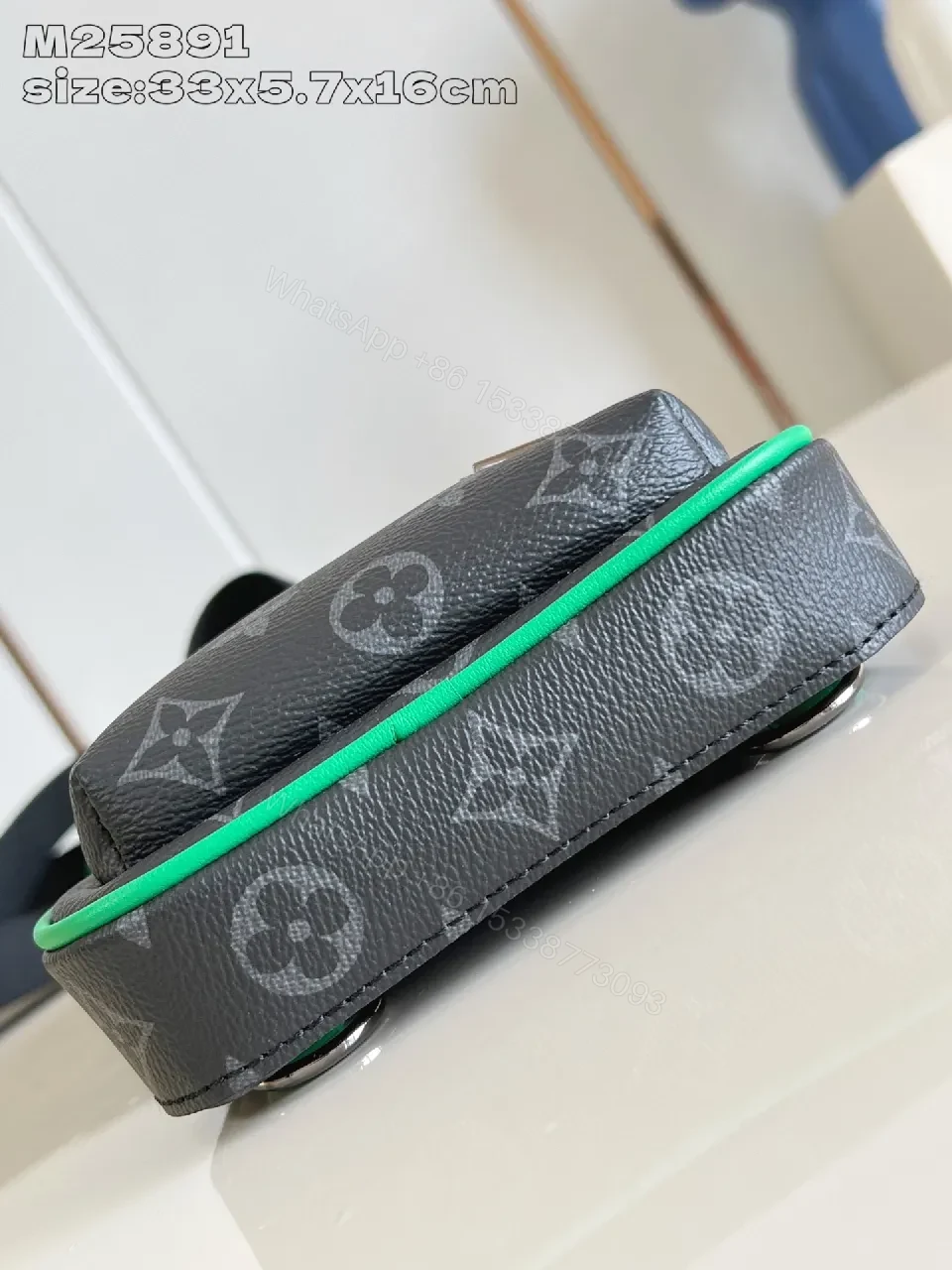 View 3 of Compact Monogram Messenger Bag: Grey, Neon Accent, Luxe Street Style