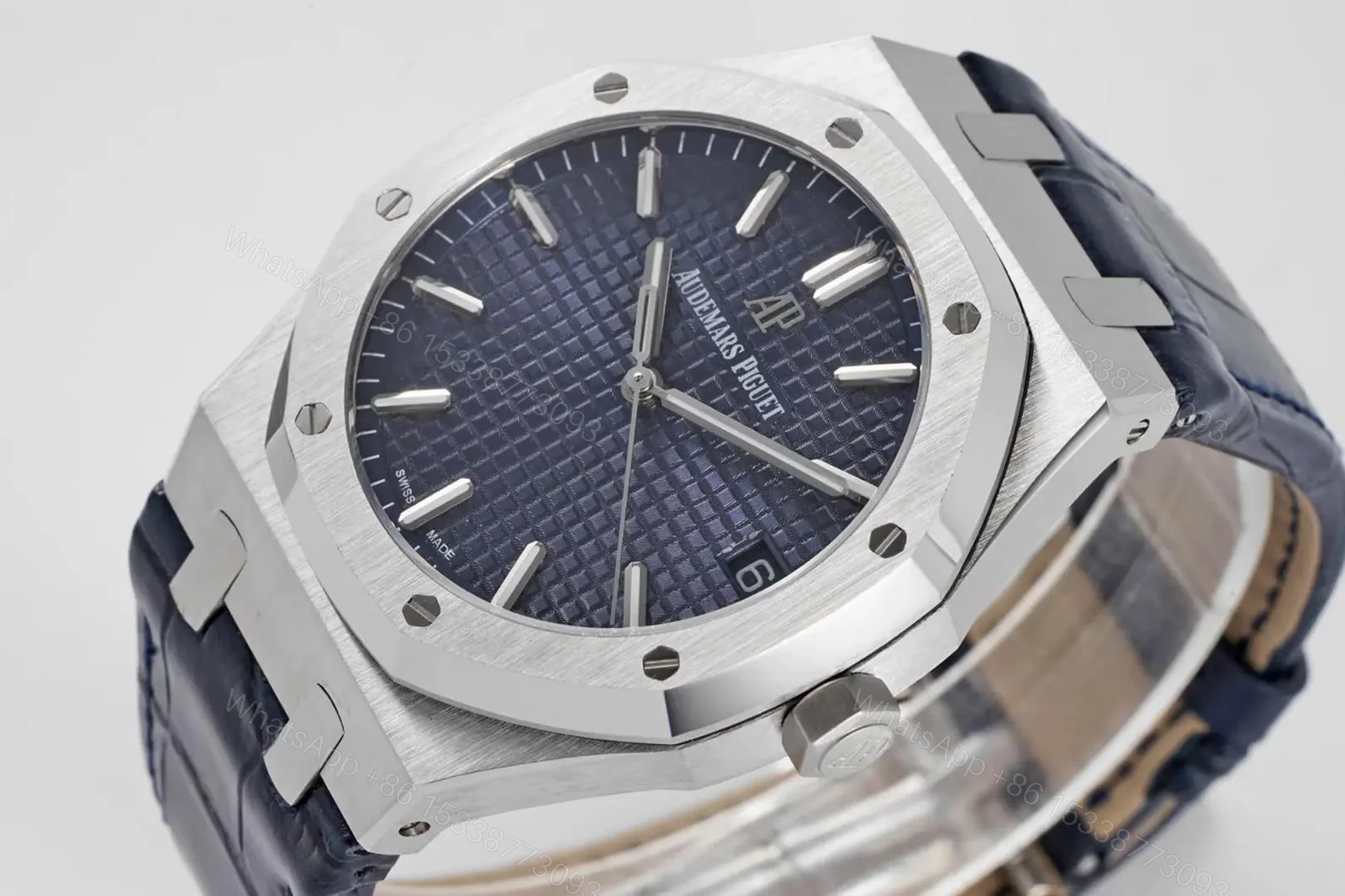 View 3 of 8F Factory Audemars Piguet Royal Oak 15500 Stainless Steel Watch with Blue Dial and Leather Strap