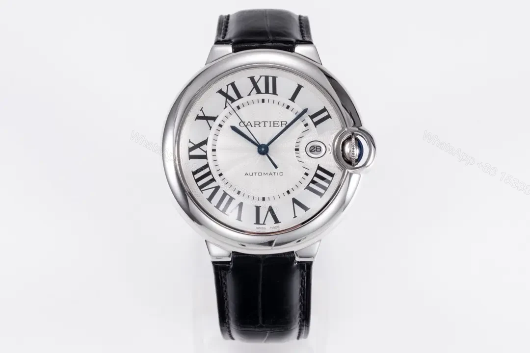 View 2 of TW Factory Cartier Ballon Bleu 42mm Automatic Watch – Silver Dial with Black Leather Strap