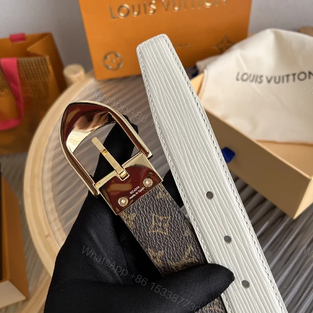 View 4 of White Leather Belt: Subtle Gold Buckle, Monogram Detail, Modern Luxury