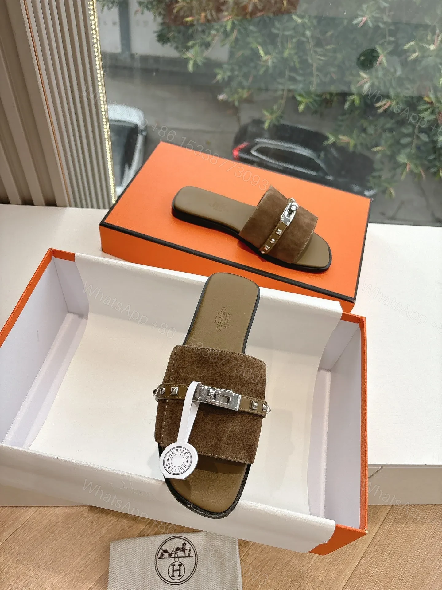 View 4 of Hermes Women Brown Suede Slide Sandals