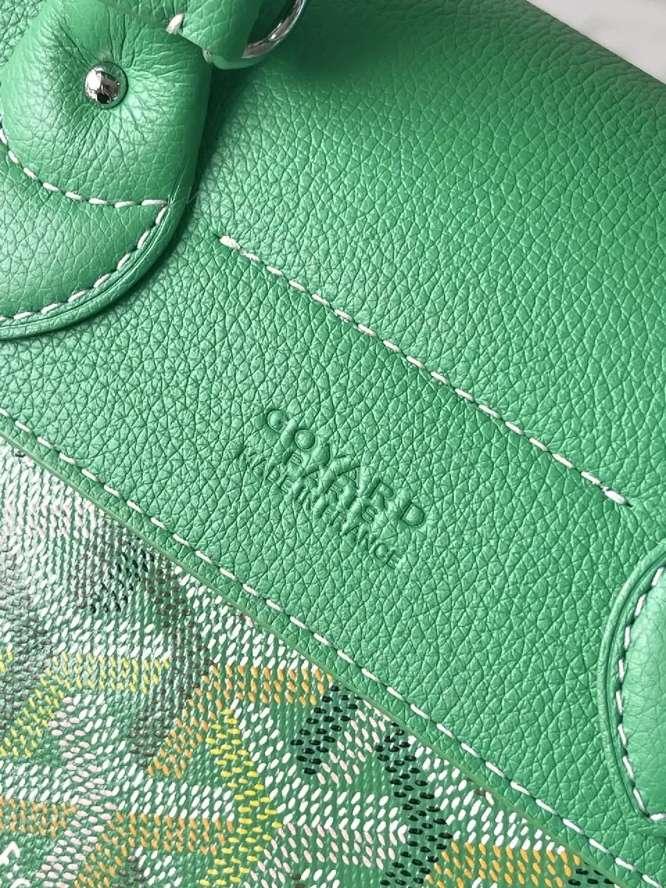View 6 of green leather mini backpack with monogram pattern and luxury green trim for everyday use