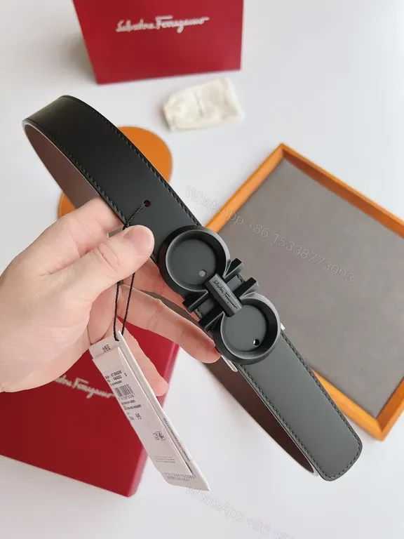 View 3 of Grey Leather Ferragamo Belt with Signature Buckle - Everyday Luxury