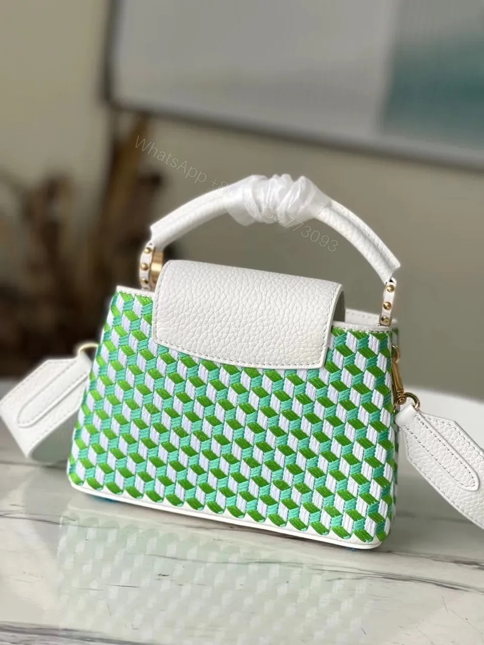 View 9 of Louis Vuitton LV Capucines Green And White Pattern Handbags 21cm