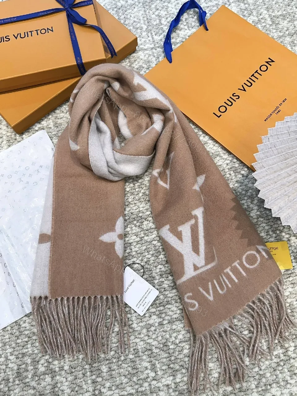 View 9 of Taupe Monogram Scarf: Soft, Luxurious, Fringed Wrap