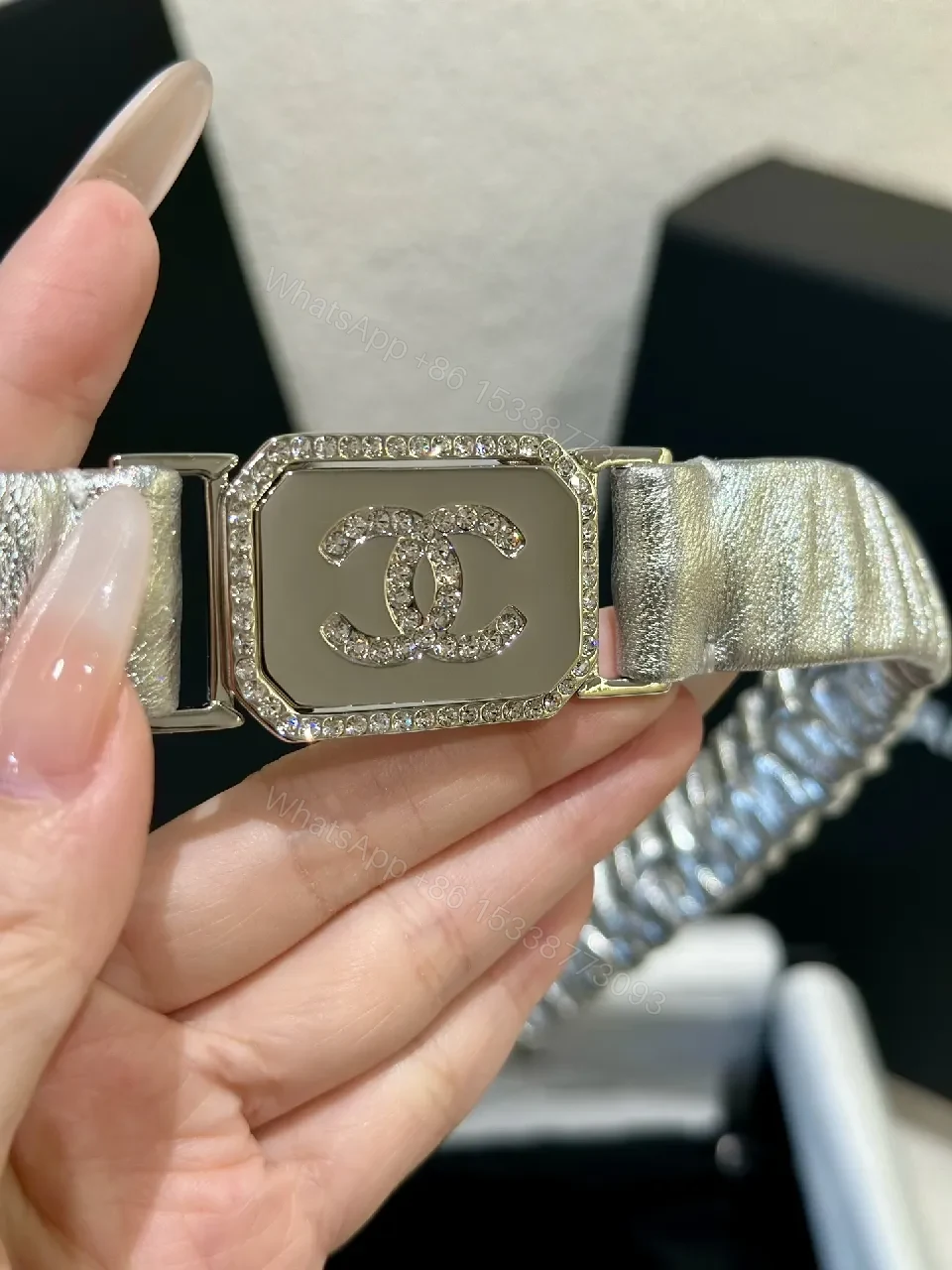 View 2 of Metallic Textured Strap Watch with Crystal-Accented Bezel