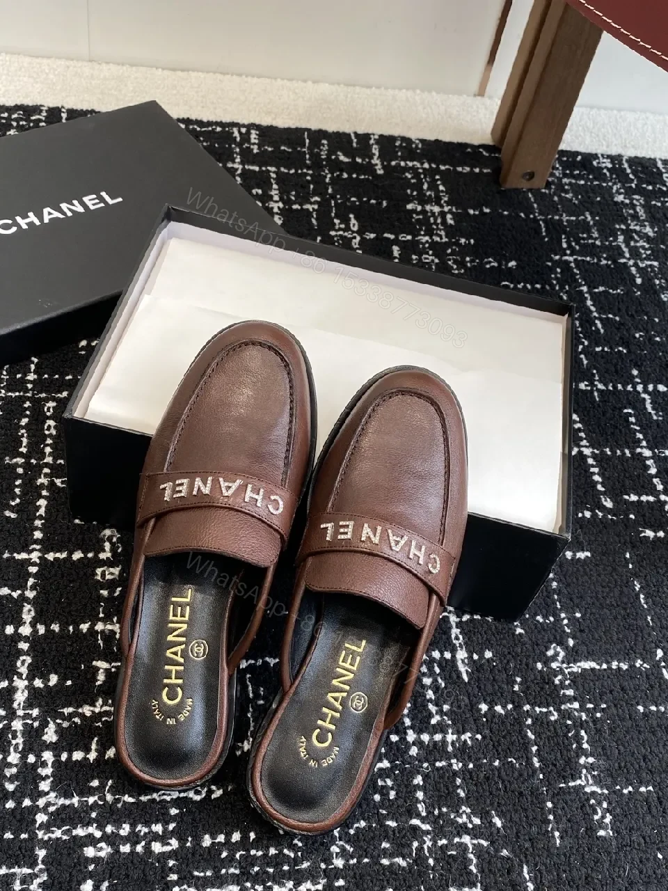 View 8 of Brown Leather Slides Luxury Open-Back with Logo Strap