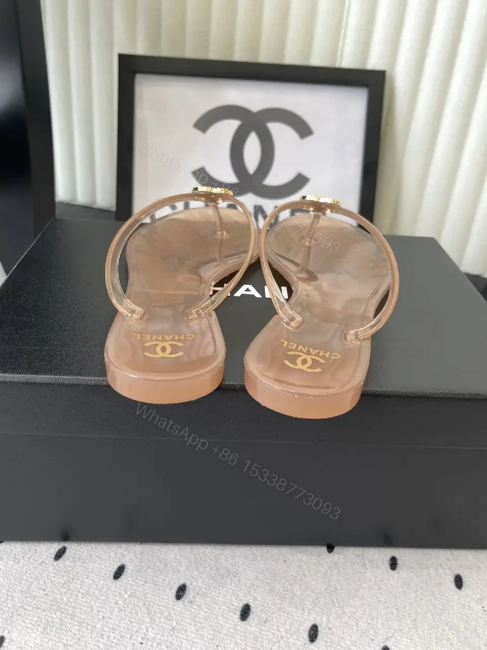 View 8 of Beige Leather Chanel Logo Flip-Flops Sandals