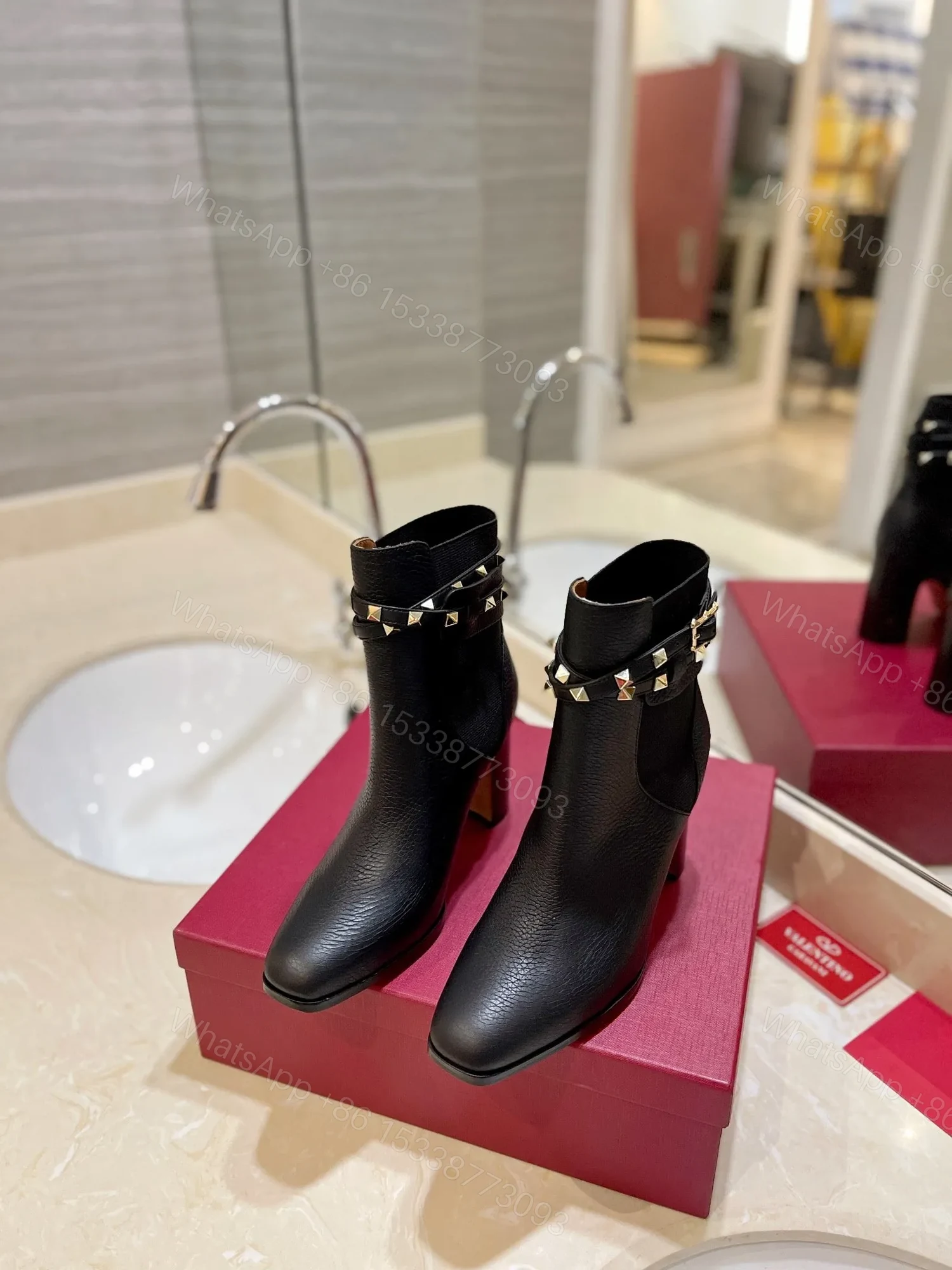 View 4 of Valentino Women Black Leather Studded Ankle Boots