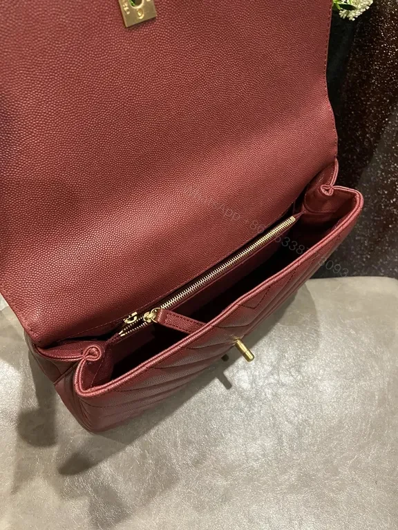 View 9 of Burgundy Chevron Leather Handbag with Gold Emblem Chanel-Inspired