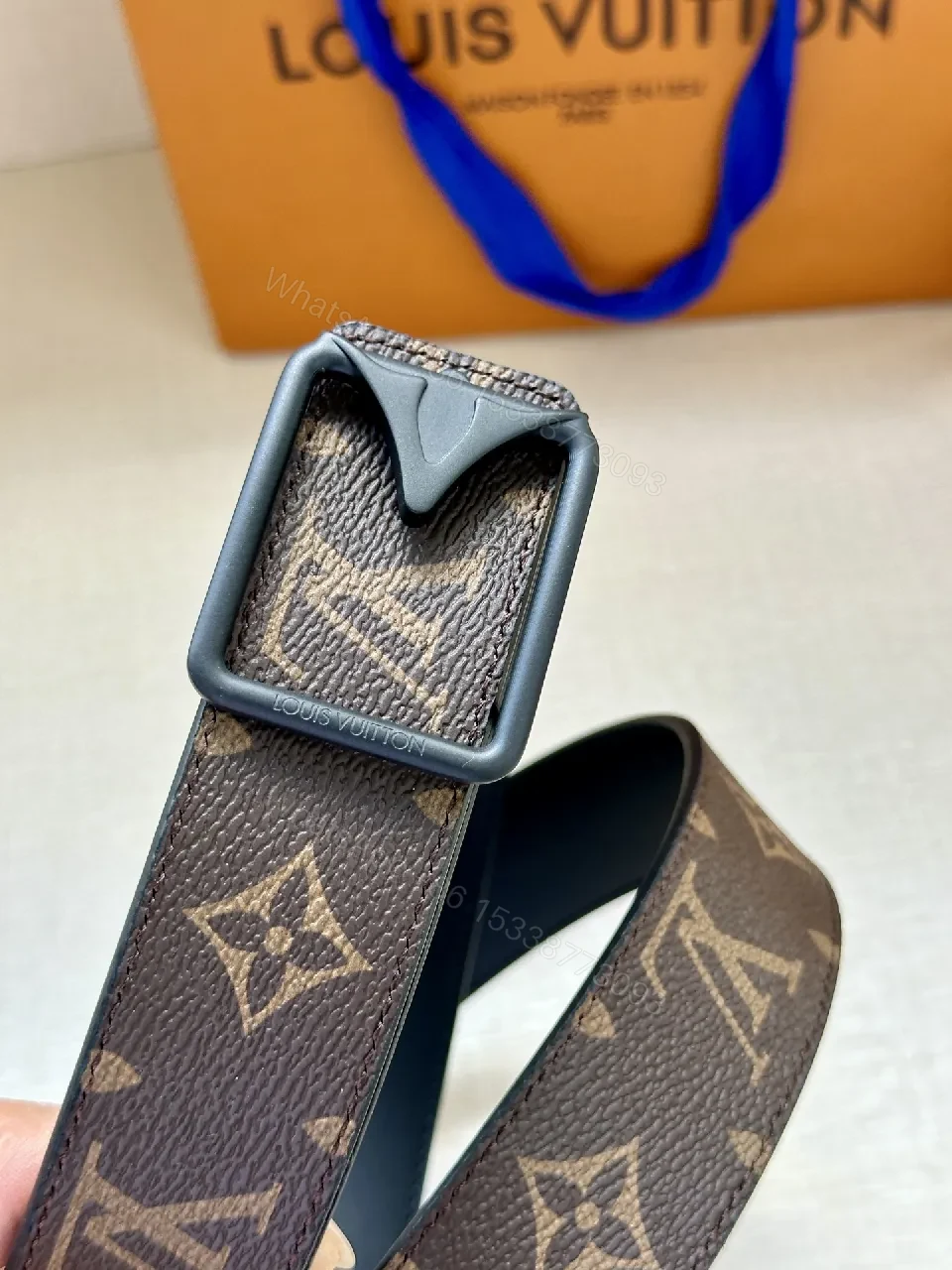 View 2 of Leather Belt Monogram & Gold Buckle: Subtle Luxury Belt