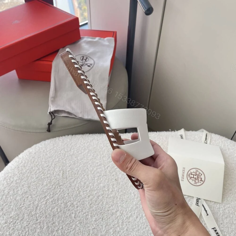 View 4 of Hermes Oran Sandals Stitching In Brown And White